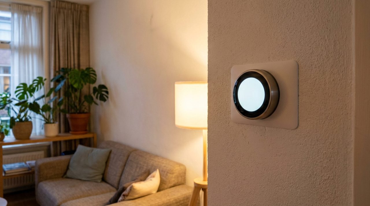 Slimme thermostaat aan de wand van een Nederlandse woonkamer